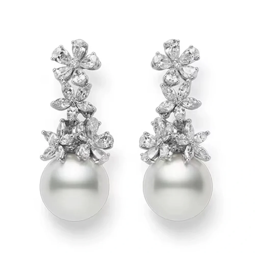 White Pearl Floral Silver Earrings